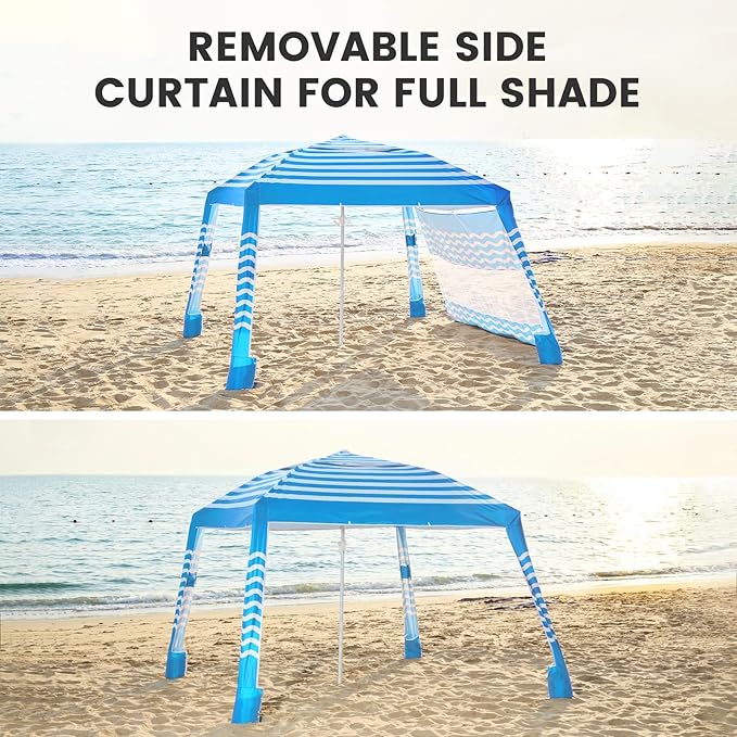 Zeraty Beach Cabana 8'×8', Portable Beach Canopy with Side Wall, Easy Pop Up UPF 50+ Silver-Coated Beach Tent Sun Shelter, Wind Resistant Adjustable Height Beach Umbrella Tent for Family, Sky Blue
