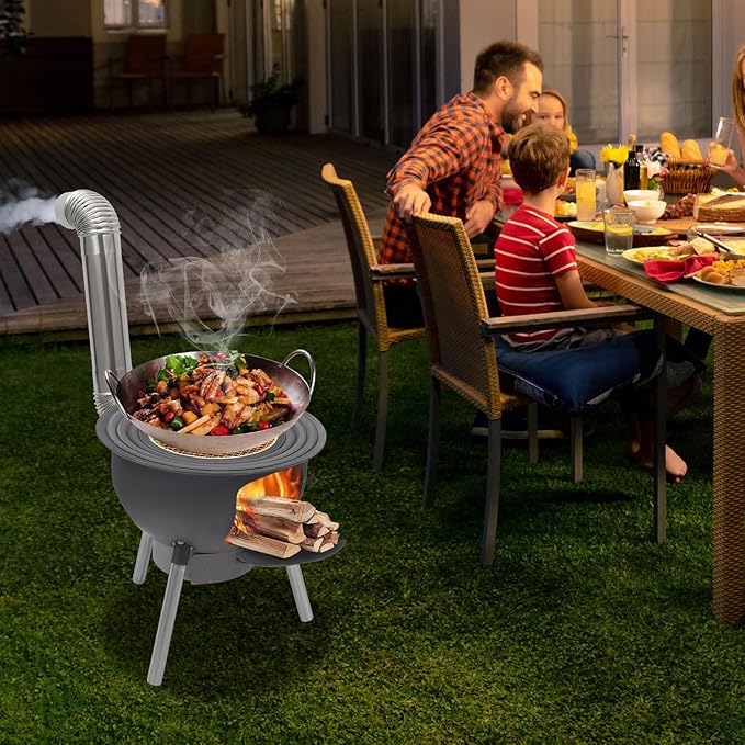Wood Burning Stove with Grill Rack, Portable Camping Rocket Stove Chimney Charcoal Grill & 4 Wok Rings, for Outdoor Backyard Cooking, Picnic and Barbecue (Black, 20.5 in)