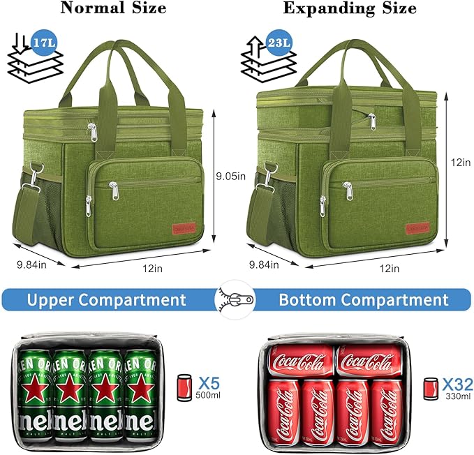 Coobiiya Large Expandable Insulated Lunch Bag Cooler Bag，12-23L Lunch Box for Men Double Deck Leakproof，Heavy Duty LunchBag Cooler Bags for Camping, Travel, Kayaking & Beach
