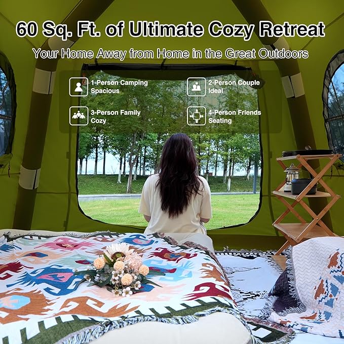 2025 Upgraded Waterproof Inflatable Camping Tent, Large Blow-Up Air Tent, No Assembly Needed Luxury Glamping House, Oxford Fabric