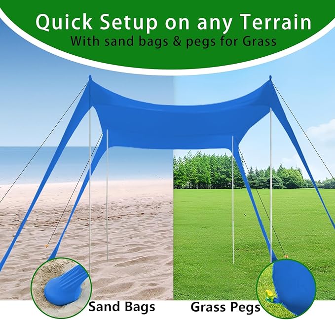 Beach Tent, Beach Canopy UPF50+ with Sandbags, Sand Shovels, Ground Pegs & Stability Poles, Outdoor Shade Camping Sun Shelter for Camping Trips, Fishing, Backyard Fun or Picnics