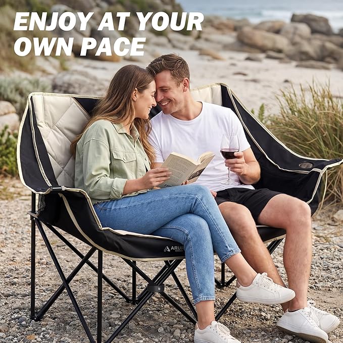 Double Camping Chair, Padded Oversized Camping Loveseat for Adults 2 Person Couch Two Seat Support 600LBS Heavy Duty Folding Camp Lawns Chairs for Outdoor Beach Backyard Tailgating Sports