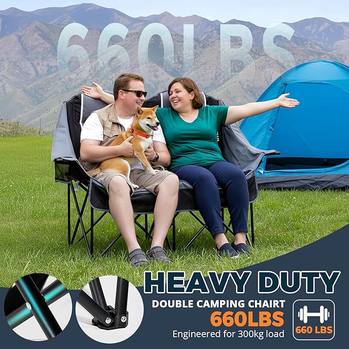 Oversized USLCamping Chair - 2 Person Portable Folding Outdoor Loveseat Heavy Duty Lawn Chairs for Adults with Padded Cushion & Dual Cup Holders, Supports 660LBS for Camping，Sports，Picnic