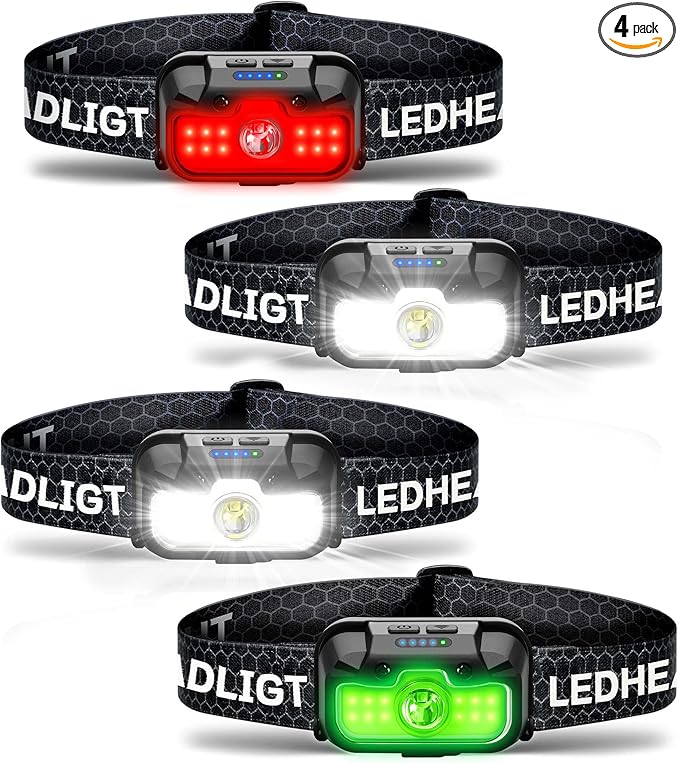 4-Pack LED Headlamp Rechargeable with Green & Red Light -1300 Lumen Ultra-Bright Flashlight Headlight for Camping, Running, Hiking, Fishing - Waterproof with 7 Modes