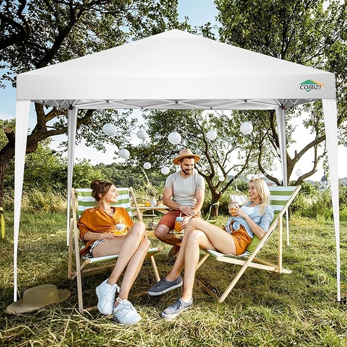 COBIZI 10x10 Pop Up Canopy Tent with 4 Sandbags, Easy Set Up Tent, Instant Outdoor Sun Shelter Canopy with 8 Stakes,4 Ropes&Carry Bag, Tents for Parties, Beach, Backyard,Camping(White)
