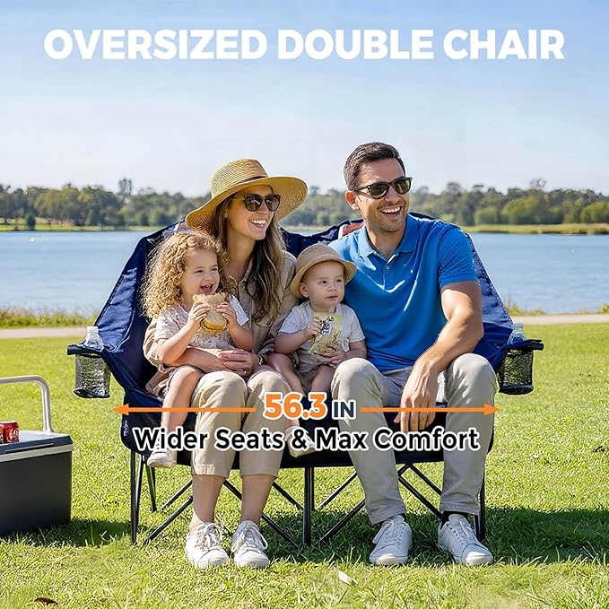 Oversized USLCamping Chair - 2 Person Portable Folding Outdoor Loveseat Heavy Duty Lawn Chairs for Adults with Padded Cushion & Dual Cup Holders, Supports 660LBS for Camping，Sports，Picnic