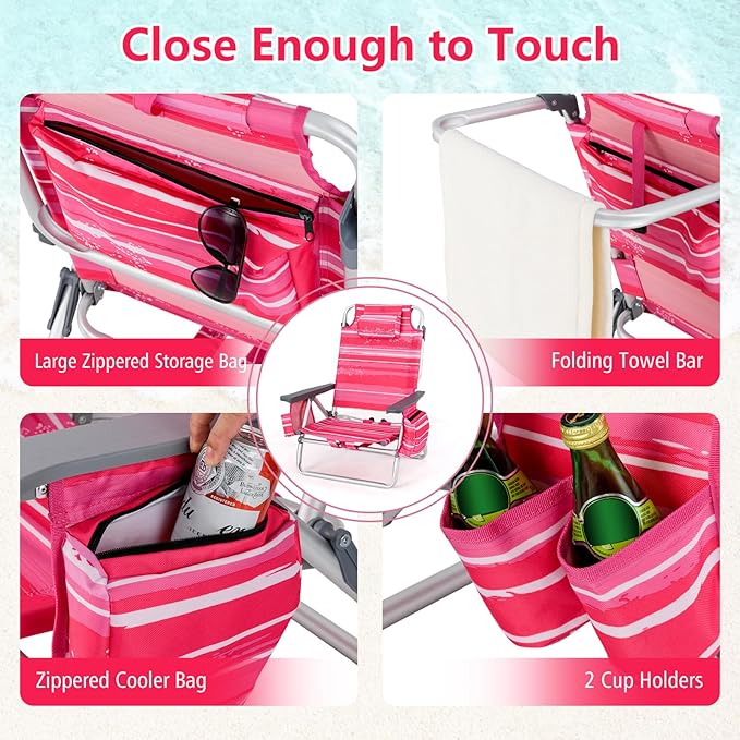 Tangkula Backpack Beach Chair with Table, 5-Position Lay Flat Beach Chairs with Cooler Bag, 2 Cup Holders, Towel Bar, Lightweight Low Folding Beach Chair with Backpack Straps