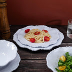 White Beaded Melamine Dinnerware Set, 18 piece Dishwasher Safe Plates and Bowls for Dining, Parties, Camping Dish Set