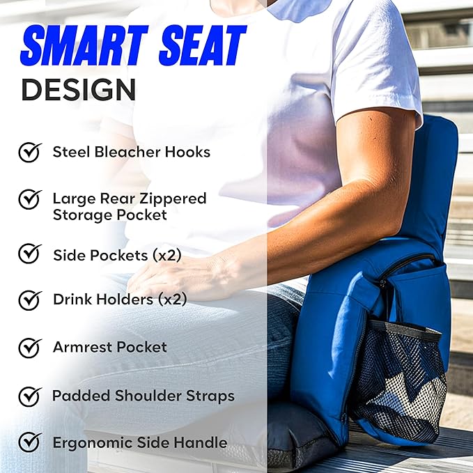BRAWNTIDE Stadium Seat for Bleachers with Back Support - Wide Padded Reclining Bleacher Seat, Portable Folding Stadium Chair with Armrests, Hooks, Straps, Cup Holders & Pockets for Games & Concerts