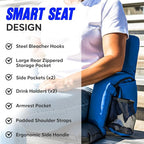 BRAWNTIDE Stadium Seat for Bleachers with Back Support - Wide Padded Reclining Bleacher Seat, Portable Folding Stadium Chair with Armrests, Hooks, Straps, Cup Holders & Pockets for Games & Concerts