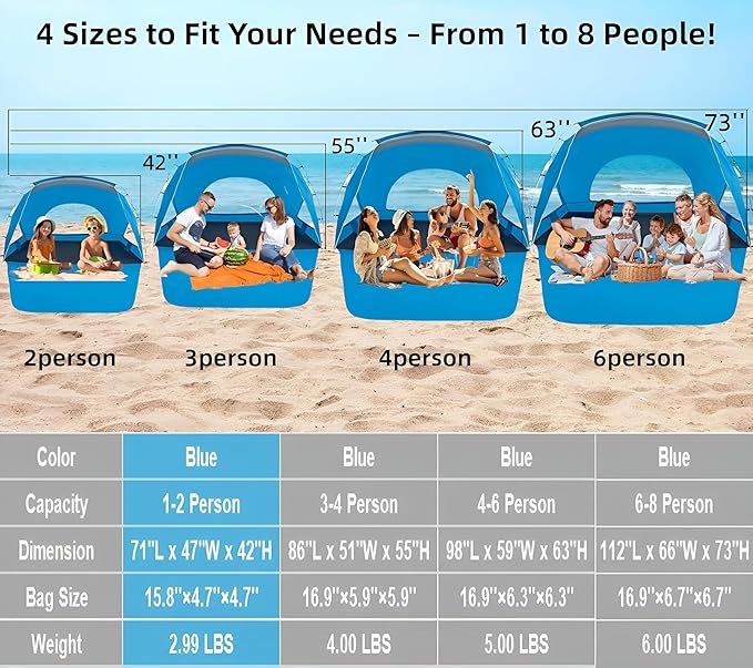 Beach Tent, Portable Sun Shelter for 2/3/4/6-8 Person with UPF 50+ UV Protection, Easy Setup Waterproof Beach Shade Canopy Cabana for Family Outdoor and Picnics, Fishing with Carrying Bag