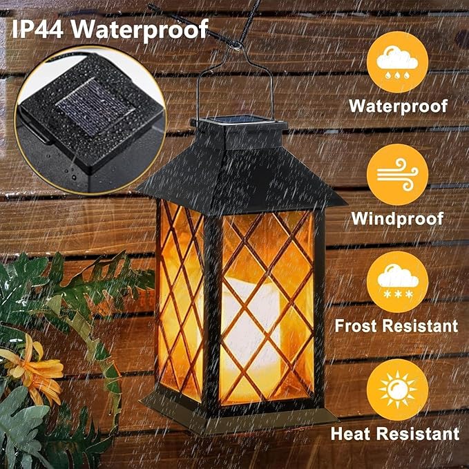 Solar Lanterns Outdoor Waterproof, 2 Pack Glass Hanging Solar Lights with Flickering Flameless Candle, Outdoor Lanterns for Patio Wall Porch Table Garden Yard Tree, Gift for Women Mom - Black