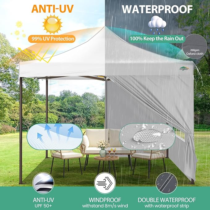 COBIZI 10x10 Pop Up Canopy Tent Heavy Duty with 4 Sidewalls, Commercial Easy Up Instant Canopy Outdoor for Events Party Wedding, All Weather Waterproof UV 50+ with Carry Bag (Leg Upgraded), White