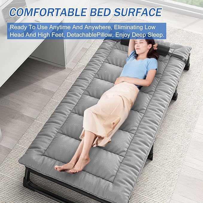 Portable Folding Adult Bed with Removable Pillow, Adjustable Recliner Camping Cot for Office, Beach & Outdoor Use(190x68cm)