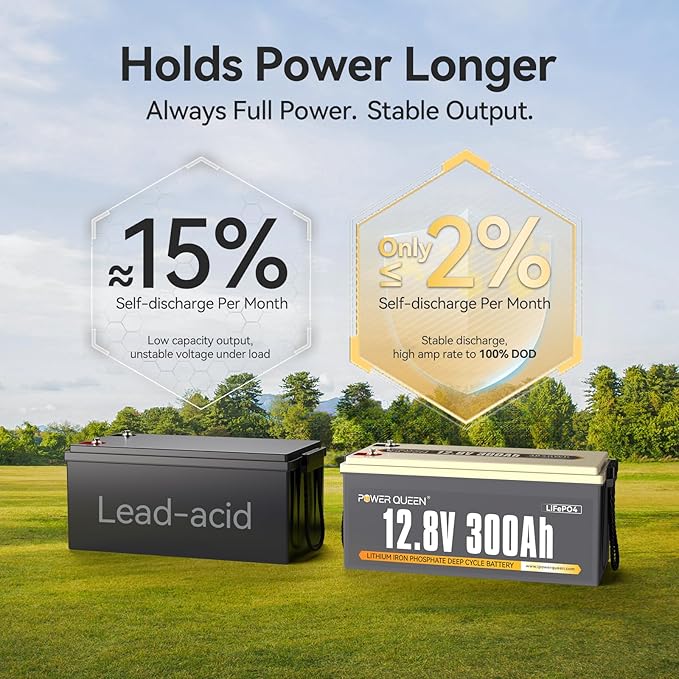 Power Queen 12V 300Ah LiFePO4 Battery, 3840Wh Lithium Battery with 2560W Power Output, Up to 15000+ Deep Cycles, BMS Protections for Solar, RV Motorhome, Marine, Off-Grid