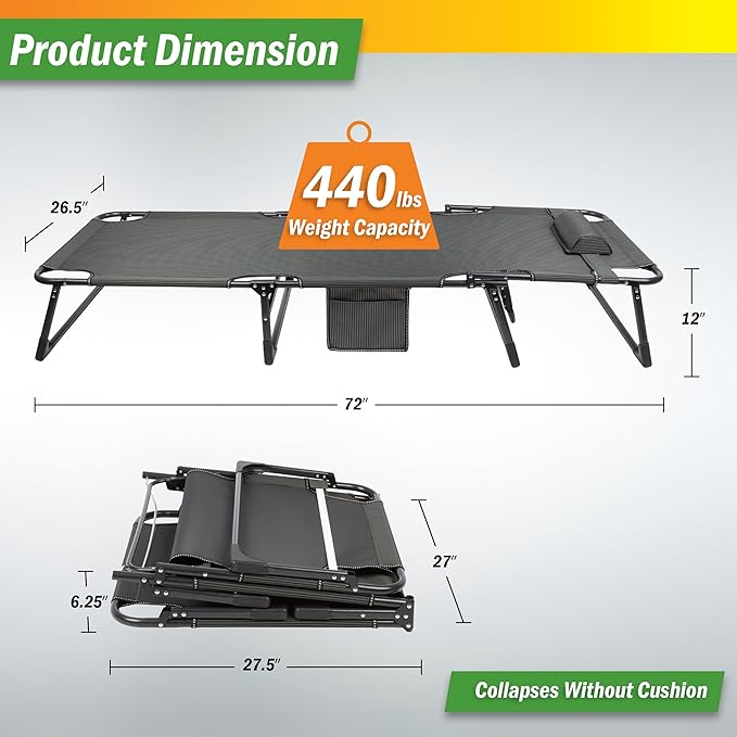 Folding Camping Cot with Mattress for Adults up to 440lbs - Heavy Duty Foldable Bed with Removable Cot Mattress and 3 Recline Positions for Travel, Camp, Beach or Guest Bed by Wakeman Outdoors (Navy)
