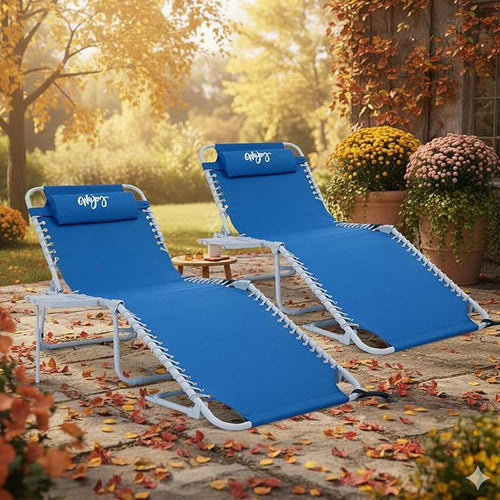 #WEJOY 2 PCS Lounge with Side Table for Outdoor 5-Position Adjustable Recliner Chair for Beach Sunbathing Patio Pool Lawn Lay Flat Portable Camp Reclining Chair with Shoulder Strap Side Pocket