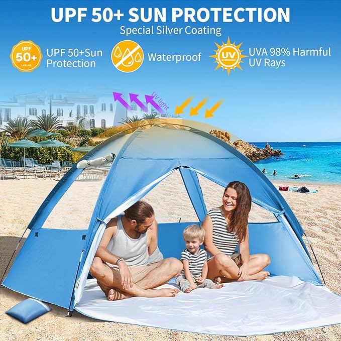 COVACURE 2026 New Upgraded Beach Tent Sun Shelter for 3-4 Person - UPF 50+ UV Protection Beach Shade, Waterproof & Lightweight, Easy Setup Portable Sun Canopy for Camping, Fishing, Beach(Blue)