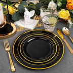 bUCLA 150 Pieces Black and Gold Disposable Dinnerware Set - 25 Guests Black Gold Plastic Plates Include 25 Dinner & 25 Dessert Plates, 25 Spoons, 25 Forks, 25 Knives, 25 Cups for Party & New Year