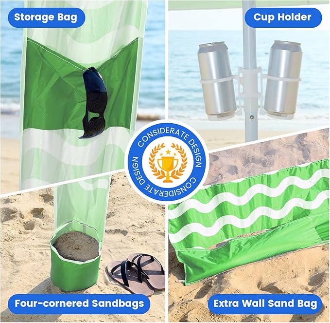 Zeraty Beach Cabana 8'×8', Portable Beach Canopy with Side Wall, Easy Pop Up UPF 50+ Silver-Coated Beach Tent Sun Shelter, Wind Resistant Adjustable Height Beach Umbrella Tent for Family, Green