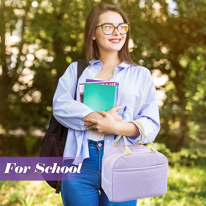 Lunch Bag For Women, Cooler Insulated Lunch Box For Travel Work Picnic College School Adult Large Capacity Lunch Bags, Purple Stripe