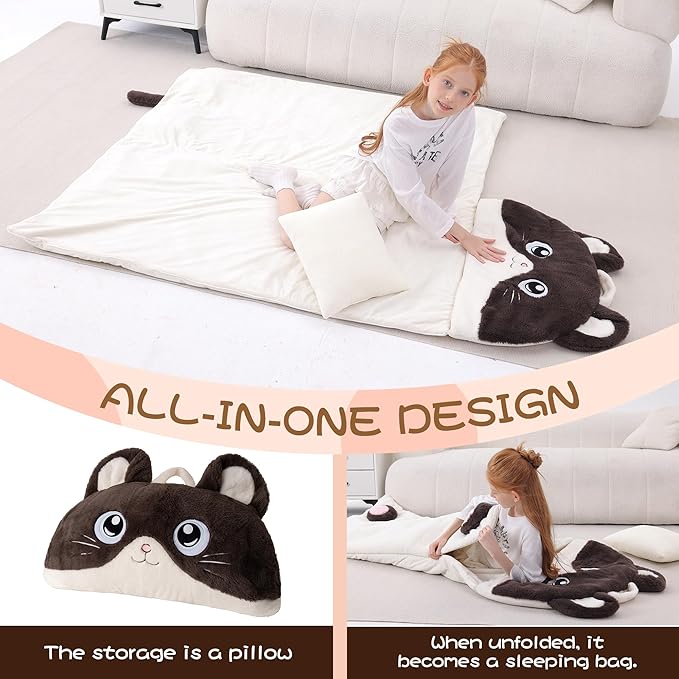 70" 4.2lbs Cat Thickened Kids Nap Mat for Preschool, Daycare,Kindergarten,Soft Washable for Boys and Girls, 2-in-1 Stuffed Animals Sleeping Bag and Pillow, Sleep Sack for Toddlers