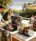 Grill Caddy Barbecue Tool Sets for Outdoor Grill, Picnic BBQ Caddy Picnic Utensil Condiment Organizer, BBQ Accessories Camping Gifts with Paper Towel Holders, Compartments & Hooks