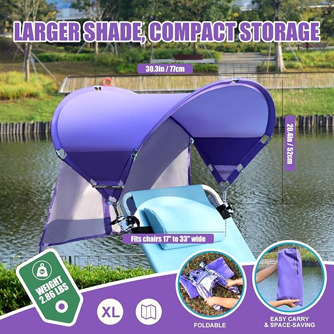 XL Universal Beach Chair Umbrella Canopy, UPF 50+ Chair Sun Shade Attachment with Adjustable Clamp for Camping, Lawn, Wheelchair, Tanning, Zero Gravity, Lounge, Fishing, Outdoor Chairs, Oversized
