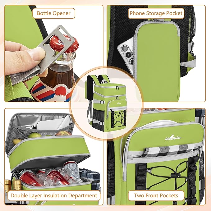 Cooler Backpack, 40 Cans Insulated Lunch Backpack Picnic Backpack for Men&Women, Durable Cooler Bag with 2 Leak Proof Compartments for Picnic, BBQ Camping, Lunch, Beach, Hiking, Green