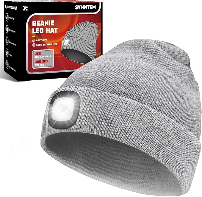 Unisex Beanie Hat with Light, Rechargeable Headlamps Cap, Gifts for Men, Hiking, Camping headlamps, Cool Gadget Birthday Gifts for Men, Women, Dad, Father, Boyfriend, Grey