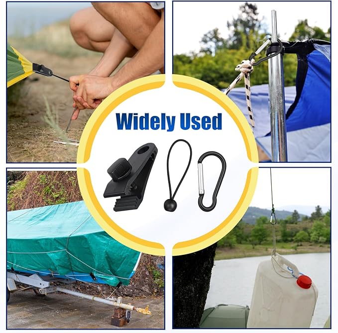 60 Pcs Heavy Duty Tarp Clips, Premium PA Tarp Clamps Kit with Lock Grip, Bungee Cords and Carabiners for Secure Fastening Awning, Swimming Pool Cover, Canopy, Shade Cloth, Camping Tents Accessories