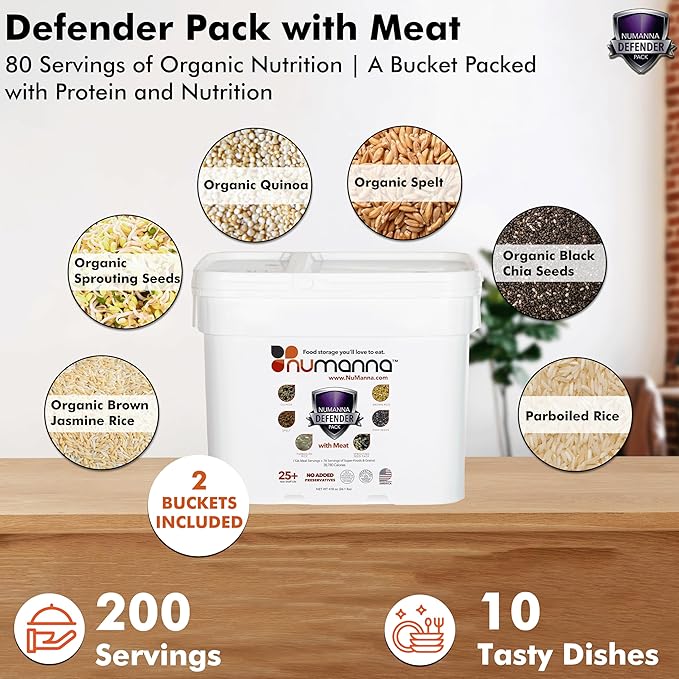 Numanna Survival Kit 850 Servings Includes 1 Family Pack with Meat, 1 Diced Chicken, 1 Ground Beef, 2 Defender Nutritive Packs with Meat & 6 Hormone-Free Milk Powder Pouches for Camping, Daily Use