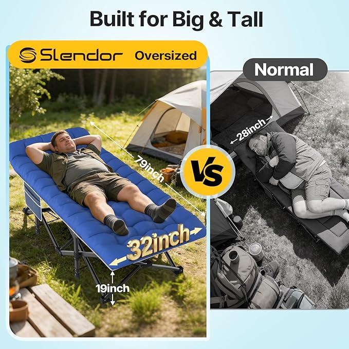 Slendor XXL Folding Camping Cot for Adults with Mattress Pillow Carry Bag, 32 inch Extra Wide Portable Sleeping Cot, 900LBS Support Outdoor Cot Bed for Office Nap Beach Travel RV