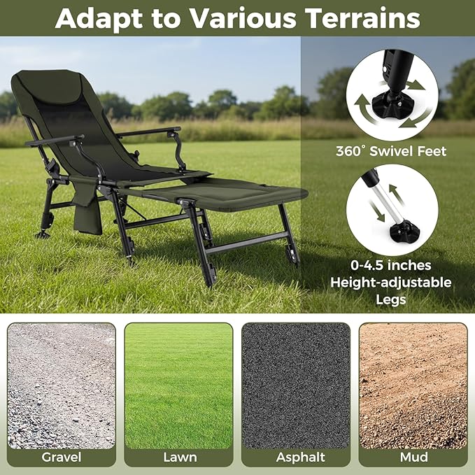 Goplus Oversized Foldable Fishing Chair for Adults, 2 Pack Heavy Duty All-Terrain Camping Chair with Detachable Footrest, Padded High-Back, Adjustable Feet, Portable Recliner for Outdoor Patio Beach