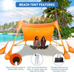 Beach Tent Sun Shelter 10x10ft Beach Canopy Easy Pop Up Sun Shade Portable UPF50+ with 8 Sandbags-2 Sand Shovel-4 Aluminum Poles-Ground Pegs for Outdoor Family Camping Fishing Backyard Picnic