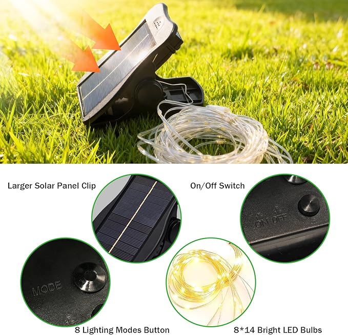 ZNYCYE Solar Umbrella Lights, 8 Strands Patio Umbrella Lights Outdoor with 8 Modes 3V Solar Panel Clip 112 Led Outdoor Waterproof for Beach Deck Garden Camping Tents Party Decoration(Warm White)