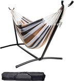 Backyard Expressions Double Camping Hammock with Steel Stand & Carrying Bag, Adjustable Height, Ultra Soft Cotton Blend, 550 lb Capacity, Indoor & Outdoor Portable Hammock