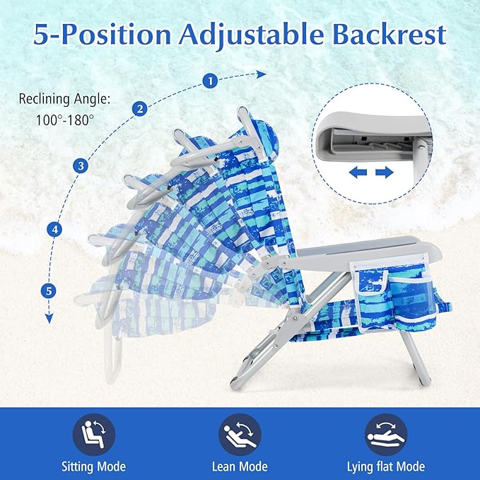 GYMAX Beach Chair, 330lbs Backpack Lounger with 5-Position Backrest, Storage Bag, Side Pocket, Towel Bar & Headrest, Foldable Low Beach Lounge, Portable Aluminum Lay Out Camp Chair (Blue Stripe,2)