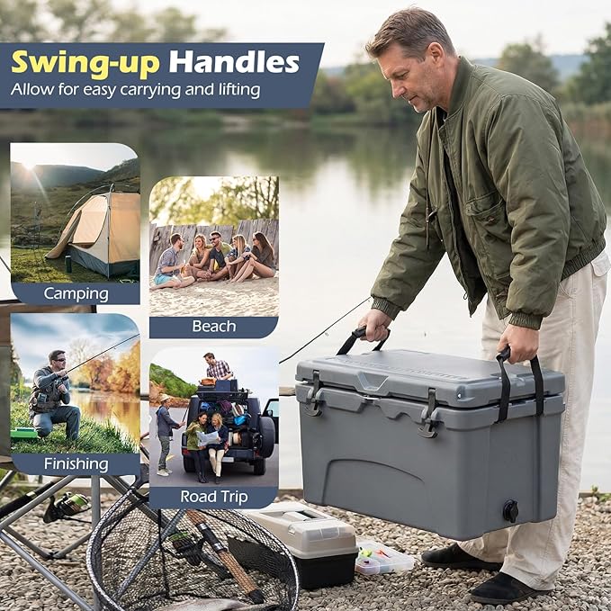 Goplus Hard Cooler, Insulated Ice Chest w/Portable Handles, Cup Holders, Ruler, Bottle Opener, 6 Day Ice Retention for Drink, Beverage, Camping, Fishing, Beach