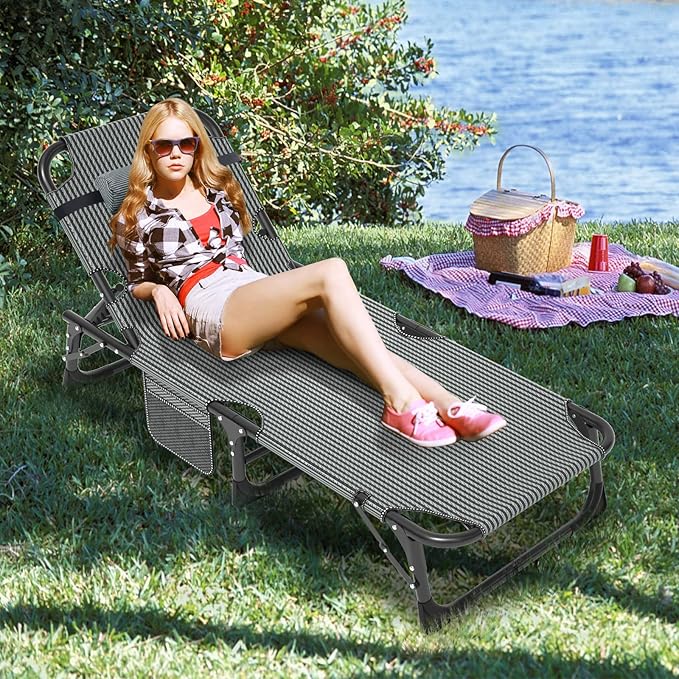 LILYPELLE Folding Outside Chaise Lounge Chair with Mattress, 5 Position Adjustable Patio Reclining Chairs Perfect for Outside, Sunbathing, Camping, Pool, Beach, Cool Blue