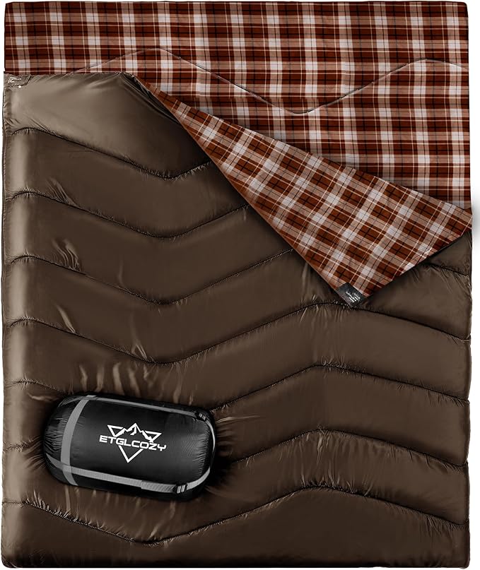 XL Queen Size 2 Person Double Sleeping Bag for Adults, Lightweight Compact with Flannel Liner & Thermolock Draft Tube, Machine Washable All Season Camping Travel