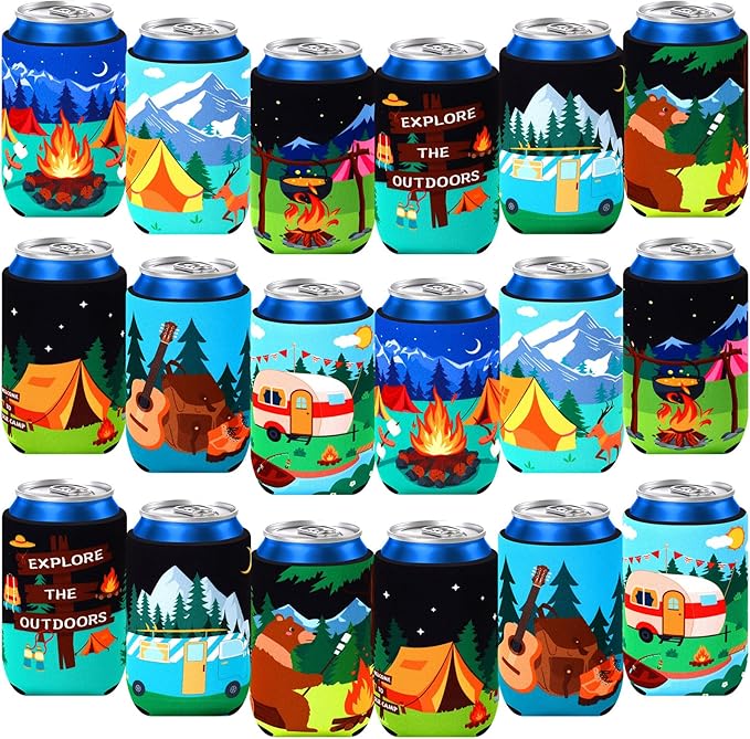 18 Pack Camping Can Cooler Sleeves Beer Drink Can Bottle Cooler Collapsible for Camp Themed Bachelorette Party Wedding Birthday Decorations Office Bar Supplies Favors