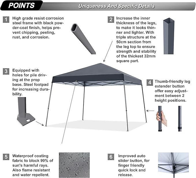 ABCCANOPY Stable Pop up Outdoor Canopy Tent 10 x 10 ft Base / 8 x 8 ft Top, Deep Gray