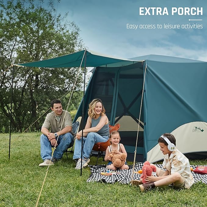 Instant Tents for Camping Pop Up Screen Tent with Floor, 6 Person Large Family Camping Tent with Rainfly and Porch, Easy 60S Setup Hub Tent for Outdoor Picnic Backyard, 11.5x10x6.83FT
