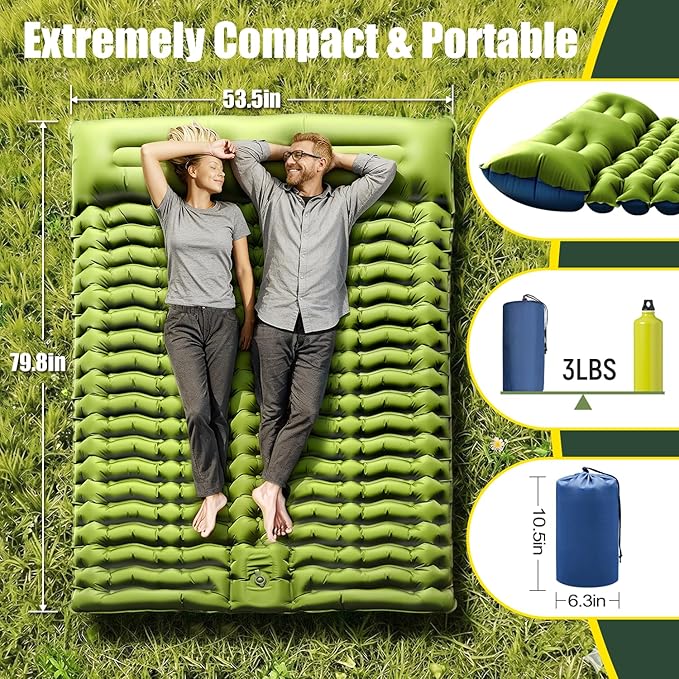 Double Sleeping Pad - Self Inflating 4" Extra-Thick for 2 Person with Pillow Built-in Foot Pump Inflatable Sleeping Mat for Backpacking, Hiking, Traveling, Tent, Portable Camping Mat