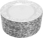 CNCEST 100 PCS Antique Charger Plates Bulk 13'' Plastic Embossed Dinner Plate Chargers Round Floral Plates for Wedding Decorative Chargers for Table Dinner Kitchen Party Decoration (Silver)
