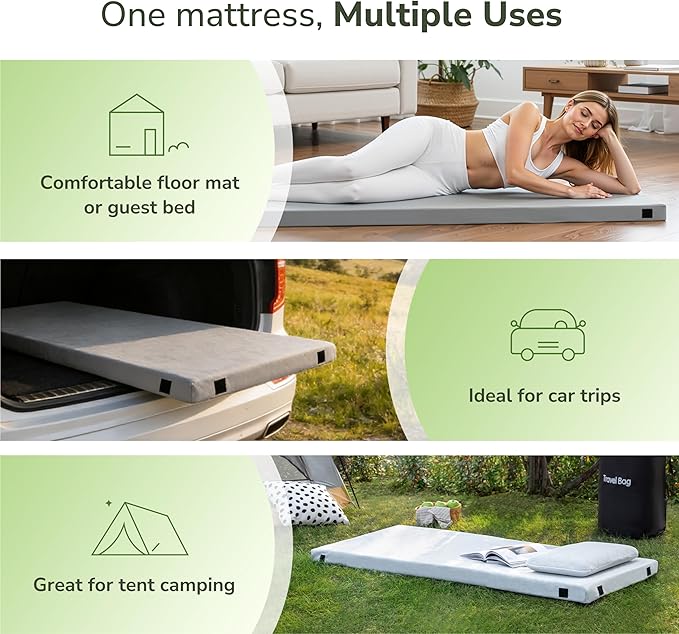 Memory Foam Camping Mattress 2.5 inch, Single Portable Roll Up Camping Sleep Topper with Waterproof and Non-Slip Bottom, Camping Car Mat with Travel Bag, 75"×30"×2.5", Grey