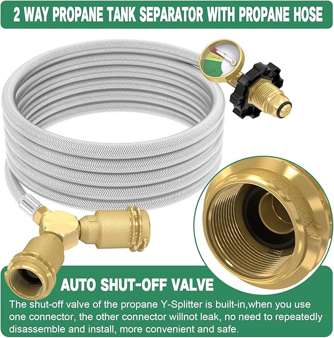 12FT Propane Hose with Propane Splitter 2 Way POL Tank Connector, Propane Y Splitter Adapter with Shut Off Valve, 2-Way LP Gas Adapter Tee Connector for 100lb Propane Tank,Heater,Camping Stove,Burner