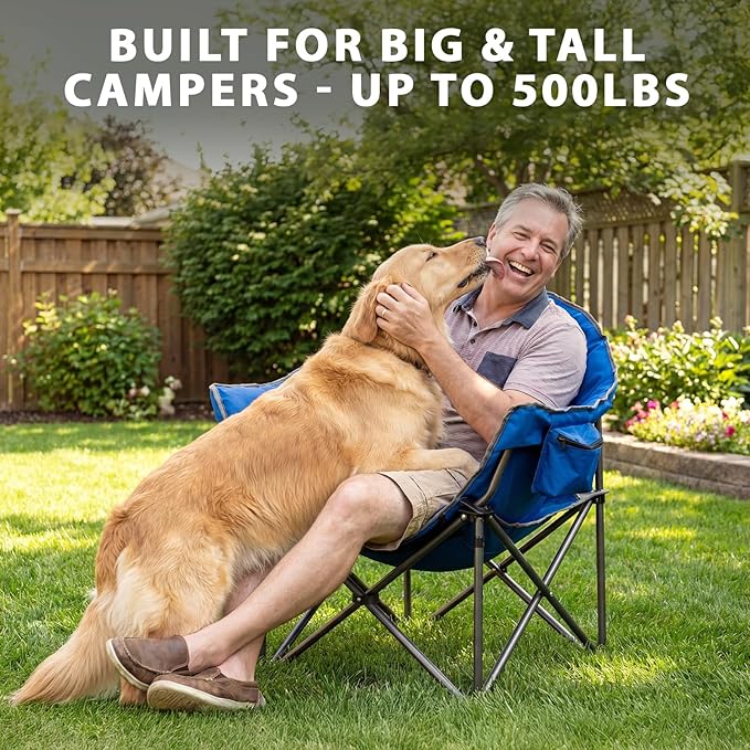 Romswi 2PK Oversized XL Padded Camping Chair for Adults, 500lbs Support Heavy-Duty Padded Folding Chair with Side Pocket Cup Holder, Wide&Thick, for Outdoor,Blue and Gray