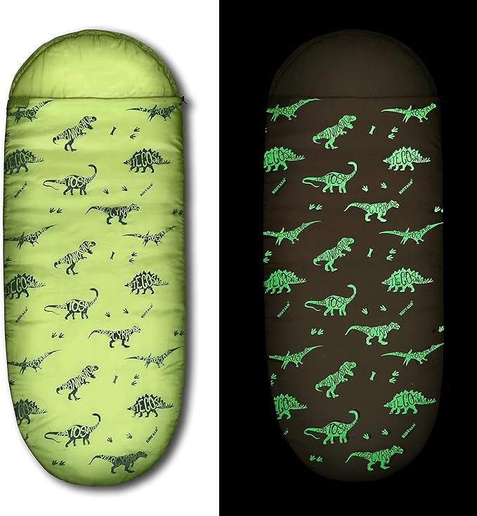 Kids Glow-in-The-Dark Dinosaur Sleeping Bag for Boys Camping Hiking - Machine Washable, Durable, Waterproof, Lightweight - Slumber Bag & Backpack 2 Pc Gift Set - Age 3-10 | 58" L X 27" W